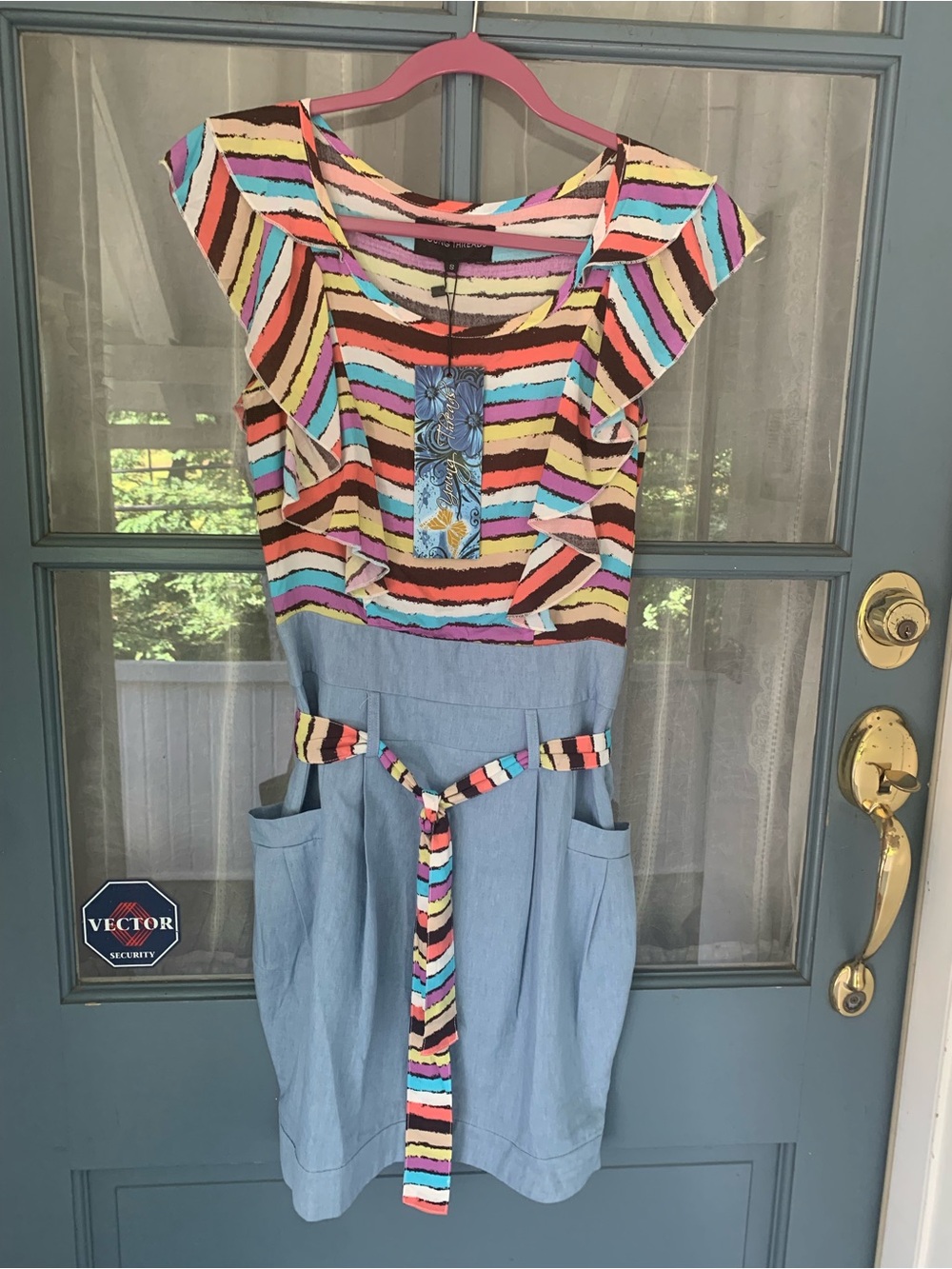 Multicolor Striped Bodice Blue Chambray Midi Dress with Belt